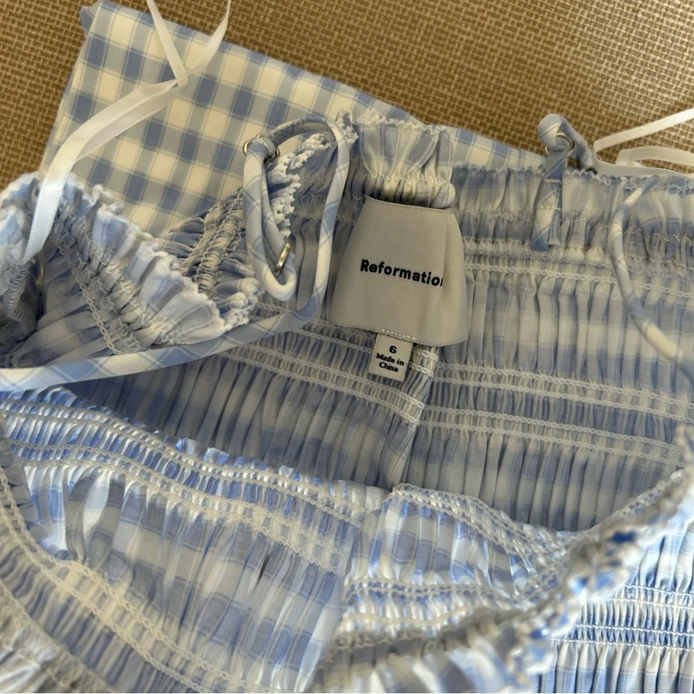 Reformation Kerrie Midi Dress - Crystal Check Blue Ivory Causal Summer Best - Picture 8 of 15